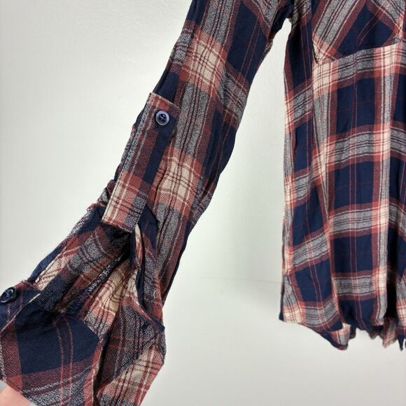 Plaid Top Womens Large Shirt Button Up Roll Tab Light Blue Red Western Boho - Picture 2 of 7
